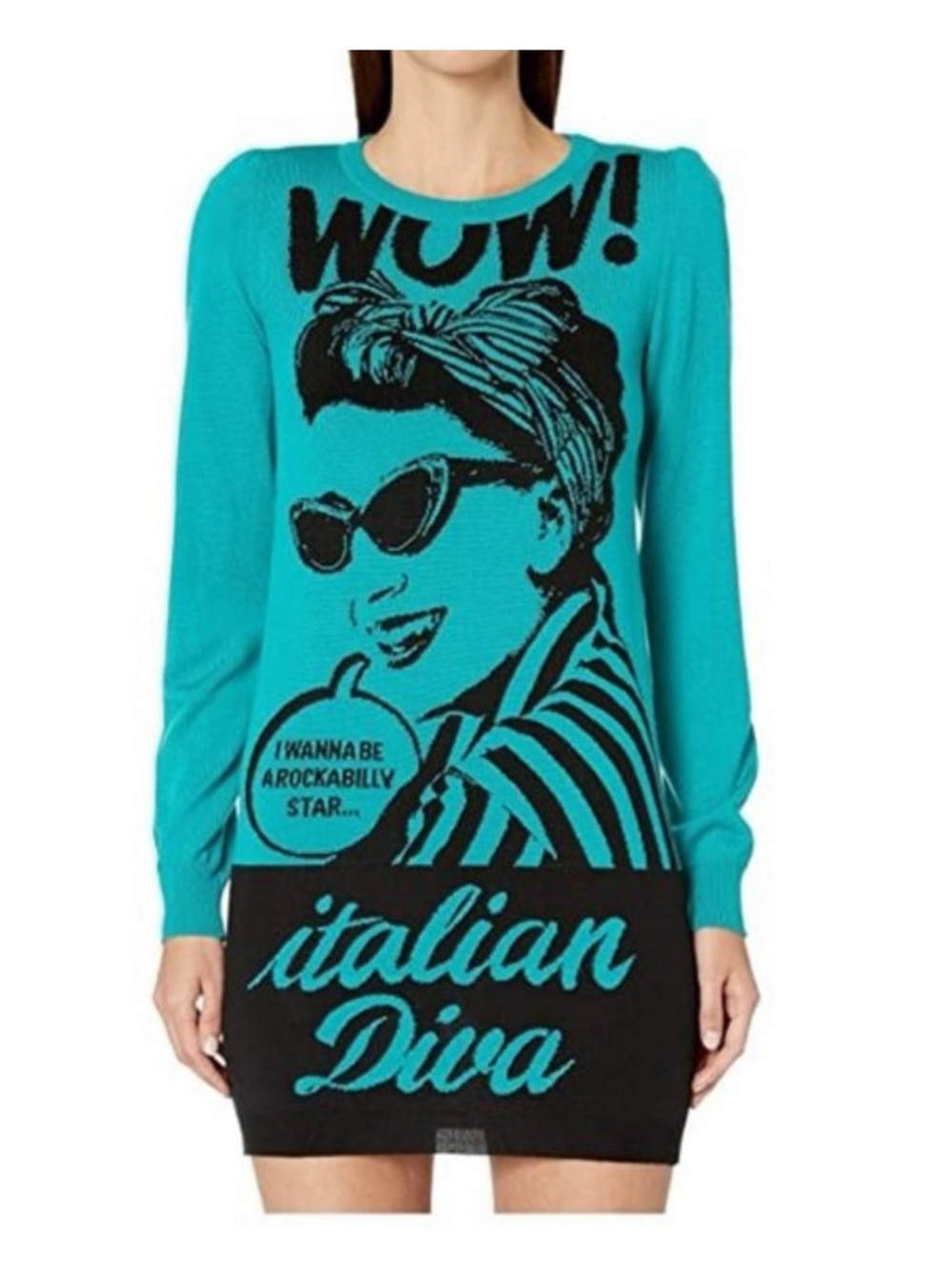 New! Boutique Moschino Italian Diva Wool Blend Graphic Sweater Mini Dress